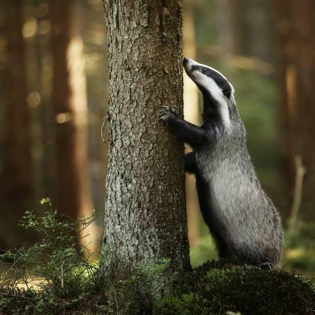 Forest Badger at Dawn on Moss Covered Hills