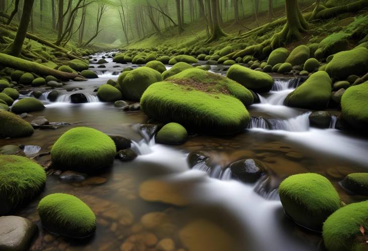 Forest Serenity Flowing River and Creek with Moss and Rocks for Nature Wallpaper