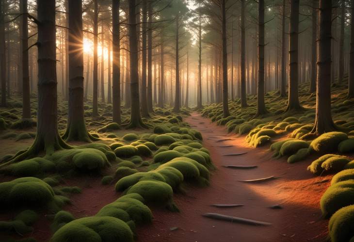 Forest Serenity Yew and Pine Trees in Autumn Sunset Light