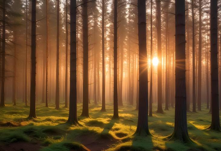 Forest Sunset Sunlight Peeking Through Trees in a Glowing Landscape