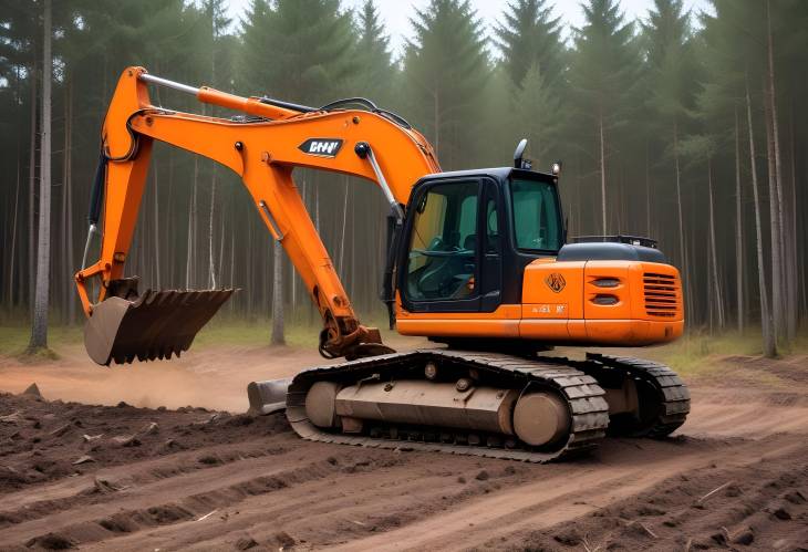 Forestry Excavator Orange Backhoe Clearing Forest for Development, Logging, and Road Construction