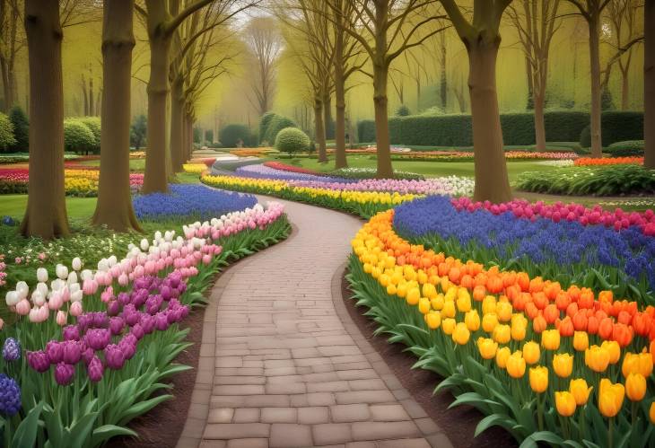 Formal Garden Elegance Retro Toned Stone Path in Keukenhof, Holland