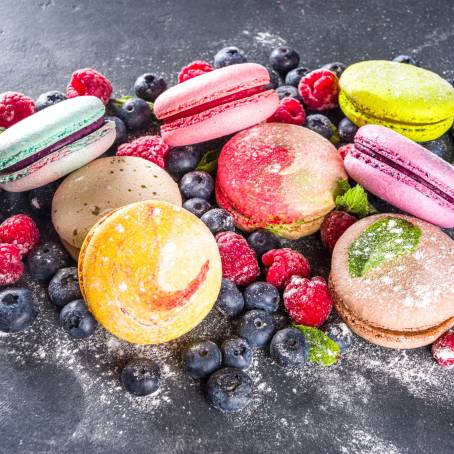 Freeze Motion of French Macarons Floating in Air Against Blue Background