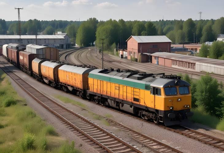 Freight Train Passing Through Station with Goods Delivery Wagons