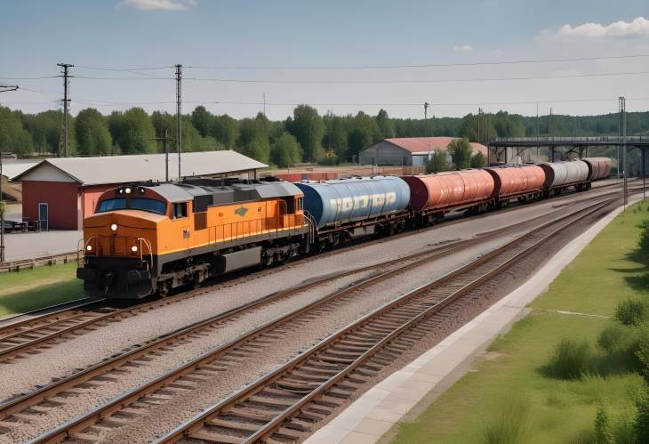 Freight Train with Delivery Wagons Moving Through Train Station