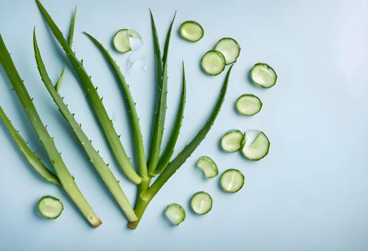 Fresh Aloe Vera Branches and Slices Flat Lay on White Table with Light Blue Background, Front View