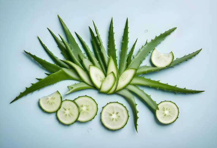 Fresh Aloe Vera Branches and Slices on White Table with Light Blue Background, Flat Lay and Front