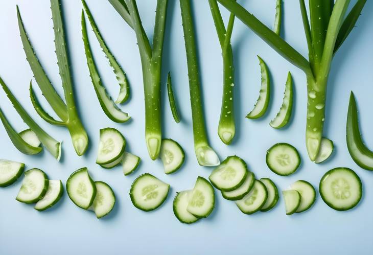 Fresh Aloe Vera on White Table with Light Blue Background, Aloe Vera Branches and Slices Flat Lay,