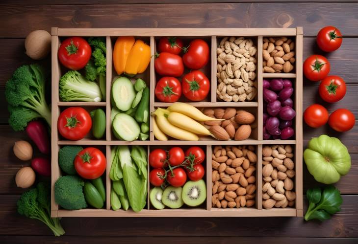 Fresh and Healthy Vegetables, Nuts, and Fruits in a Wooden Box