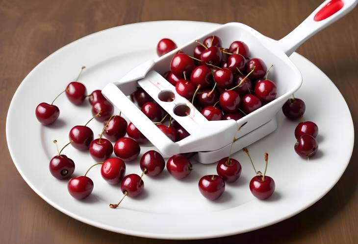 Fresh and Juicy Cherries on White Plate with Cherry Pitter Perfect for Summer Recipes