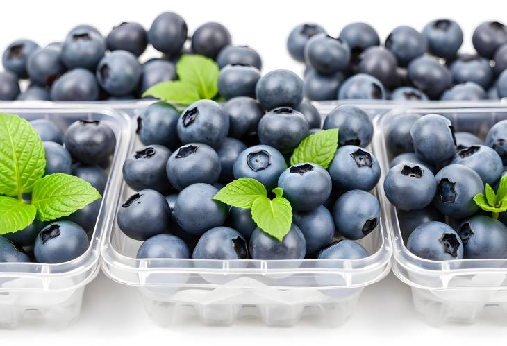 Fresh Blueberries in Plastic Container Isolated on White for Healthy Living