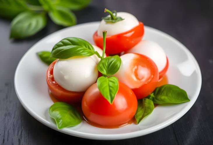 Fresh Caprese Salad Cherry Tomatoes, Mozzarella Balls, and Basil Leaves