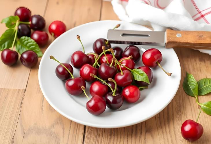 Fresh Cherries on White Plate with Cherry Pitter A Simple and Delicious Summer Treat