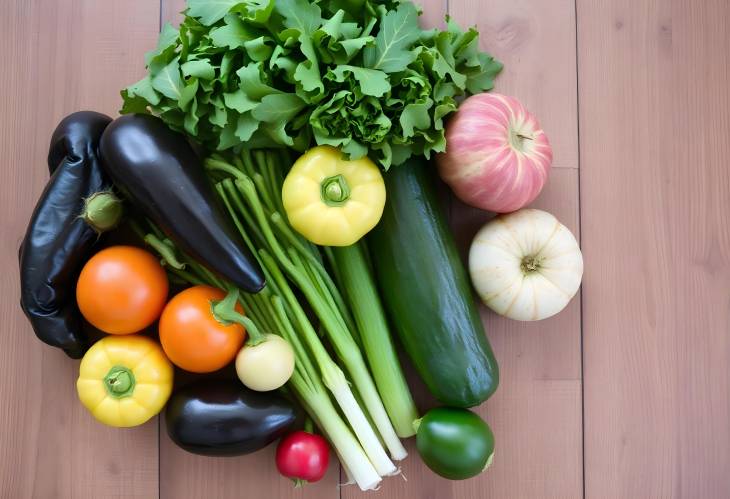 Fresh Collection of Green Vegetables and Fruits on Wooden Background