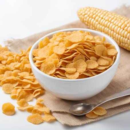 Fresh Corn Flakes in Bowl with Spoon, Isolated on White Background, Crunchy Breakfast Cereal