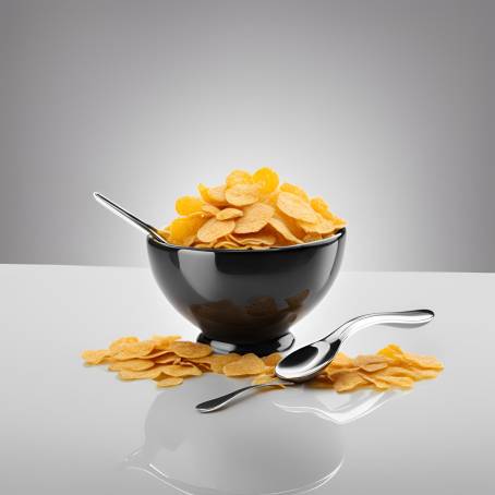 Fresh Corn Flakes in Bowl with Spoon, Isolated on White Background, Crunchy Breakfast Delight