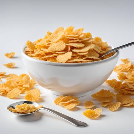 Fresh Corn Flakes in Bowl with Spoon on White Background, Isolated Breakfast Cereal, Crunchy Goodnes