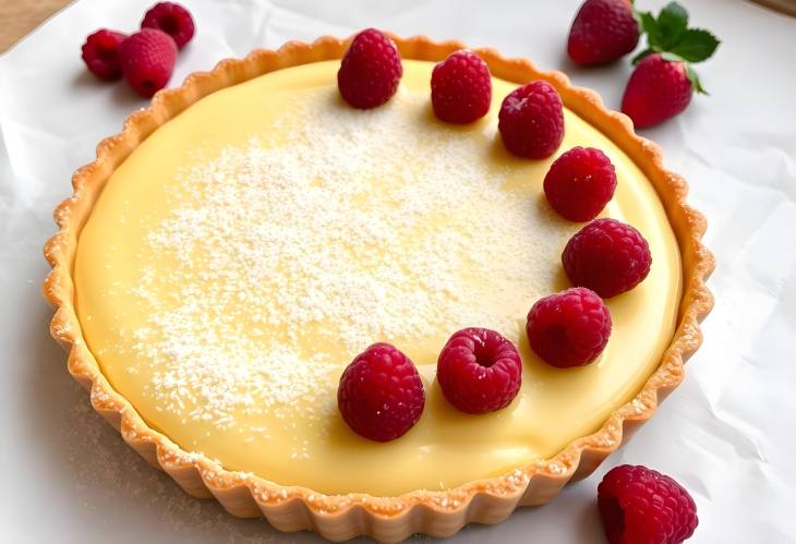 Fresh Custard Tart Decorated with Raspberries Perfect for Indulgent Desserts and Festive Gathering