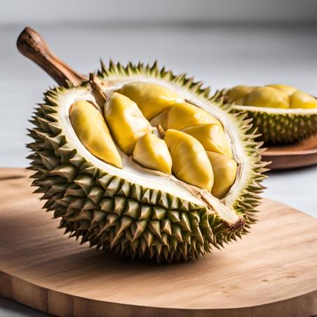 Fresh Durian on Wooden Plate Studio Shot with White Background