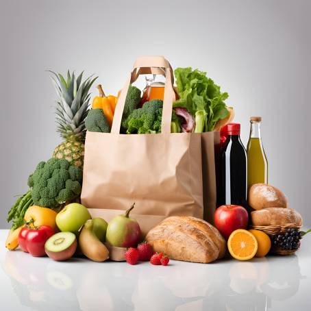 Fresh Foods in Brown Grocery Bag Studio Photo of Fruits, Vegetables, Bread, and Beverages