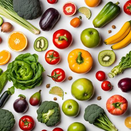 Fresh Fruits and Vegetables for Healthy Eating Studio Photo on White Background, Top View