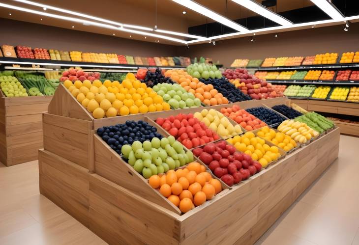 Fresh Fruits Displayed on Wooden Boxes in Supermarket Colorful Produce with Modern Store Interior