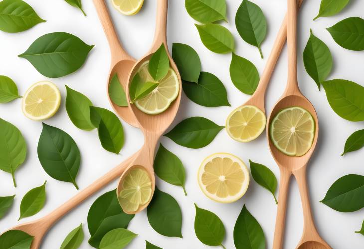 Fresh Green Lemon Leaf and Tea Leaves on Wooden Spoons  Isolated on White Background