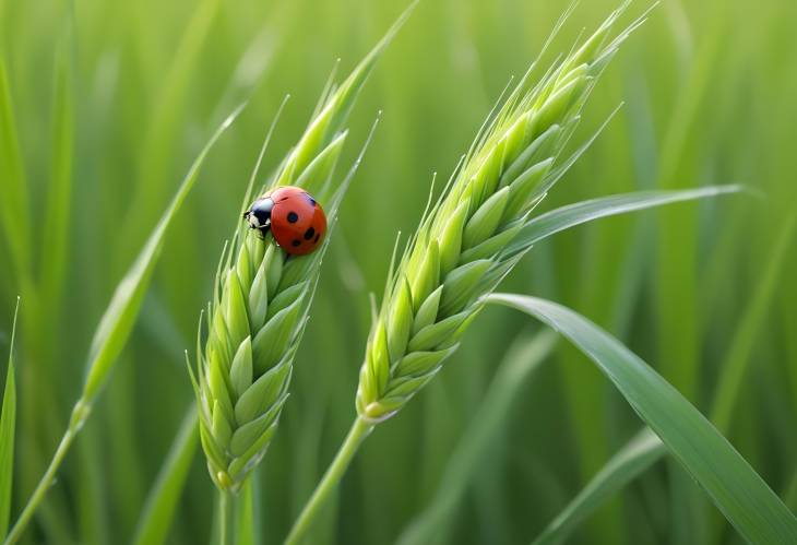 Fresh Green Wheat Ears with Ladybug in Spring Field, Macro