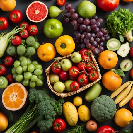 Fresh Healthy Foods in Basket Studio Photo of Various Fruits and Vegetables on White Backdrop