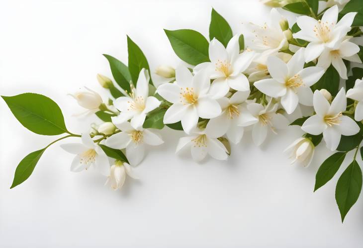 Fresh Jasmine Blossoms Floating Lightly in Air on White Background