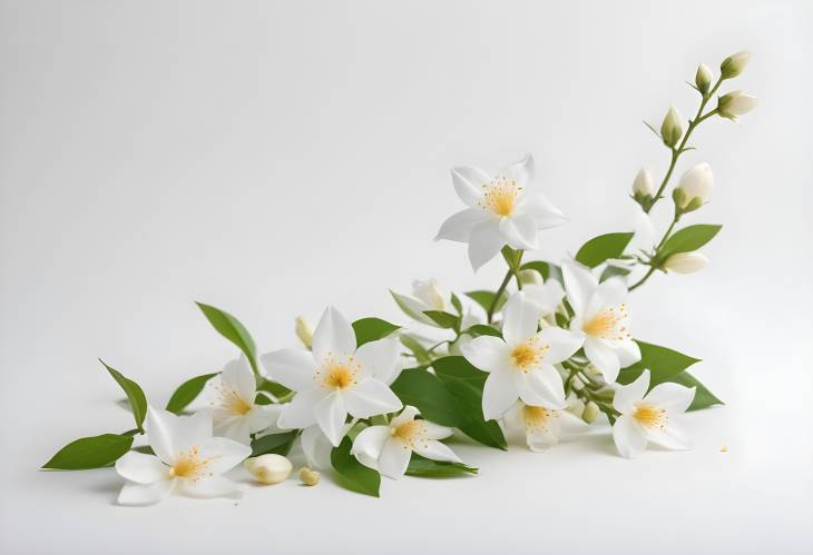 Fresh Jasmine Flowers in Air on a Clean and Elegant White Background