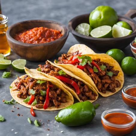 Fresh Lime and Pepper Next to Tacos al Pastor with Flavorful Sauces