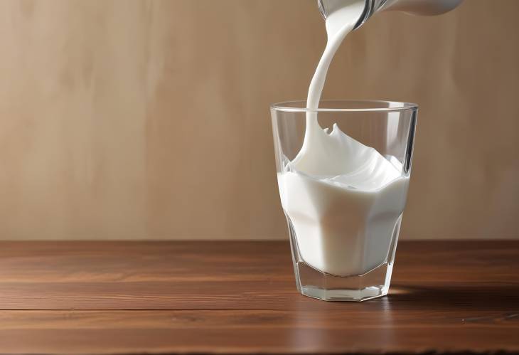 Fresh Milk Poured into a Faceted Glass on a Rustic Wooden Table