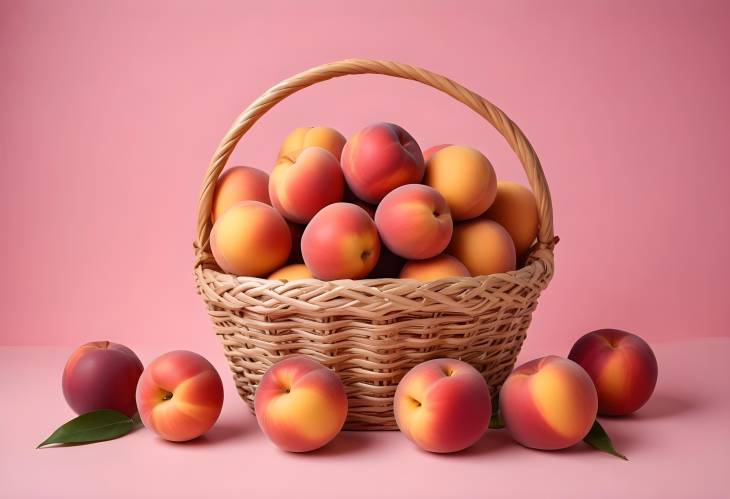 Fresh Nectarines and Peaches in a Basket on Pink Fabric