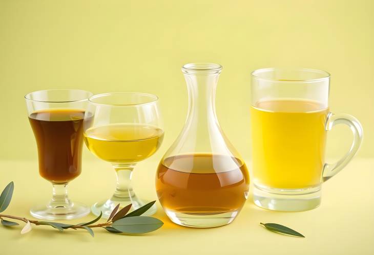 Fresh Olive Oil Displayed in Glassware on Green Background, Culinary Elegance