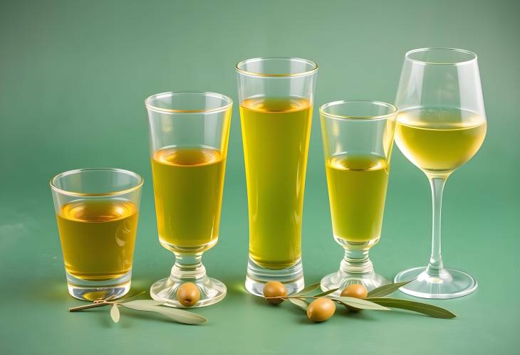 Fresh Olive Oil Displayed in Various Glassware on Green Background, Culinary Photography