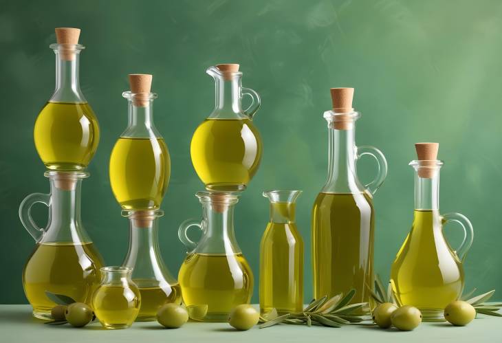 Fresh Olive Oil in Elegant Glassware on Green Background, Gourmet Delight