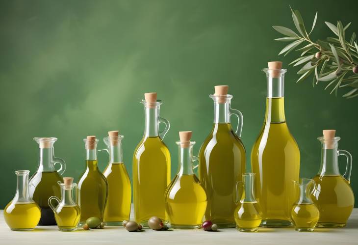 Fresh Olive Oil in Various Glassware on Green Background, Gourmet Display