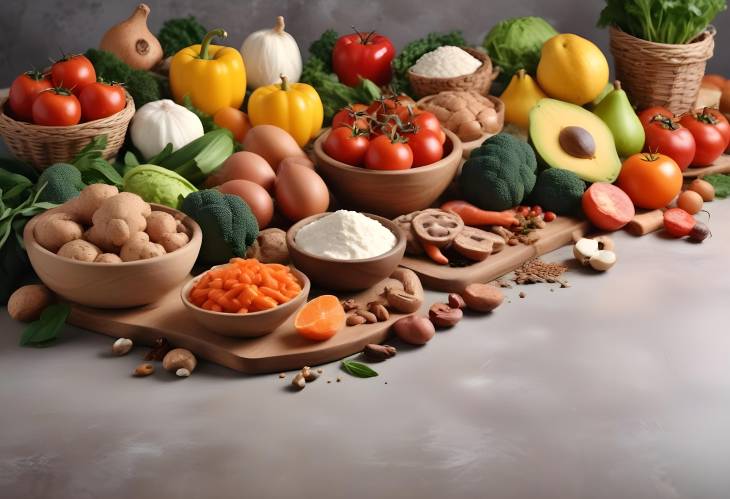 Fresh Organic Fruits and Vegetables Artfully Arranged on a Kitchen Table