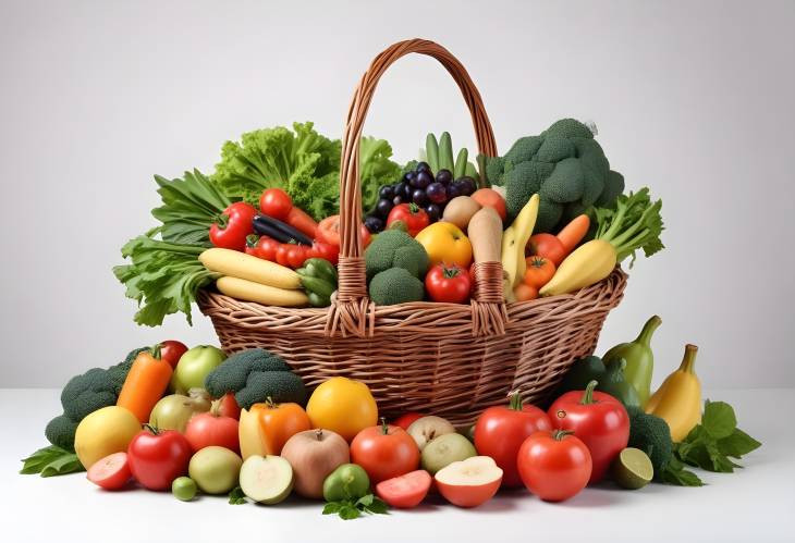 Fresh Organic Produce Vegetables and Fruits in Wicker Basket Isolated on White