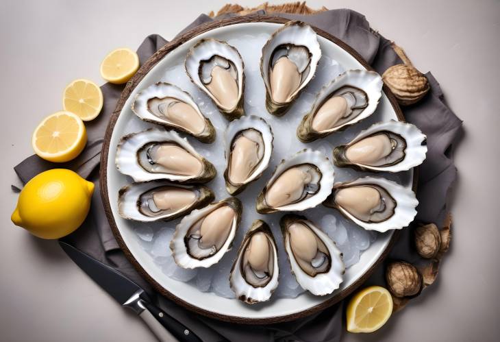 Fresh Oysters, Knife, and Lemon on a Light Background A Simple and Elegant Seafood Platter