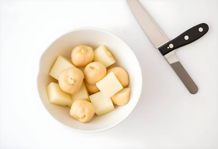 Fresh Potatoes in a Bowl with Knife Rustic Preparation on Light Background