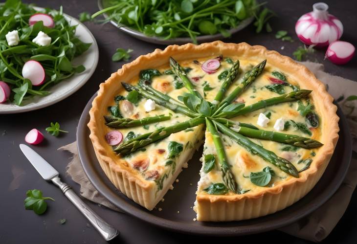 Fresh Quiche with Asparagus, Chicken, Feta, and Watercress Radish Salad