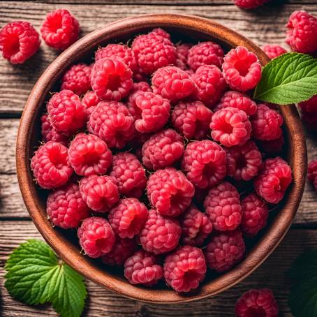 Fresh Raspberries in Wooden Bowl Close Up Top View of Ripe Sweet Berries on Wooden Table