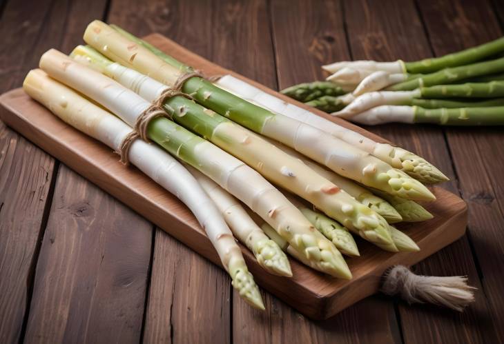 Fresh Raw Asparagus Green and White on Wooden Surface for Culinary Creations