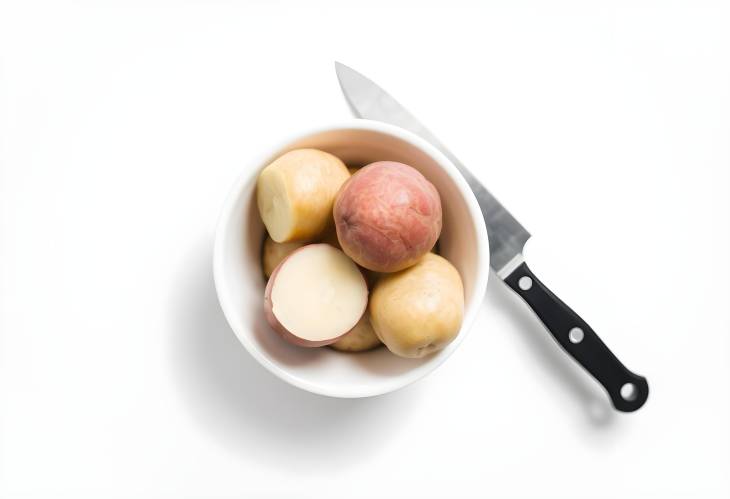 Fresh Raw Potatoes in a Bowl with Knife on Light Background Simple and Rustic Display