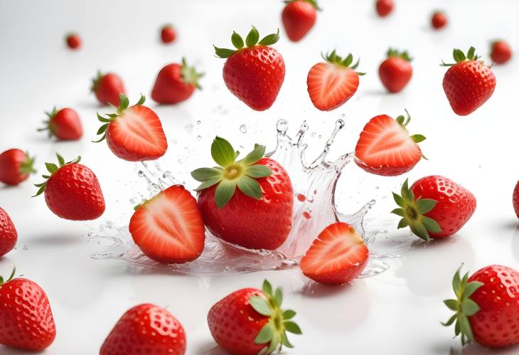 Fresh Ripe Strawberries Cascading on White Background, Juicy and Delicious