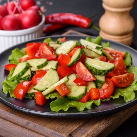 Fresh Salad Bowl with Spinach, Cherry Tomatoes, Lettuce, Cucumber and More Vegetables