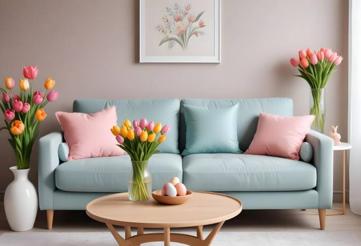 Fresh Spring Living Room with Design Sofa, Tulips Vase, Easter Decorations, and Stylish Accessories