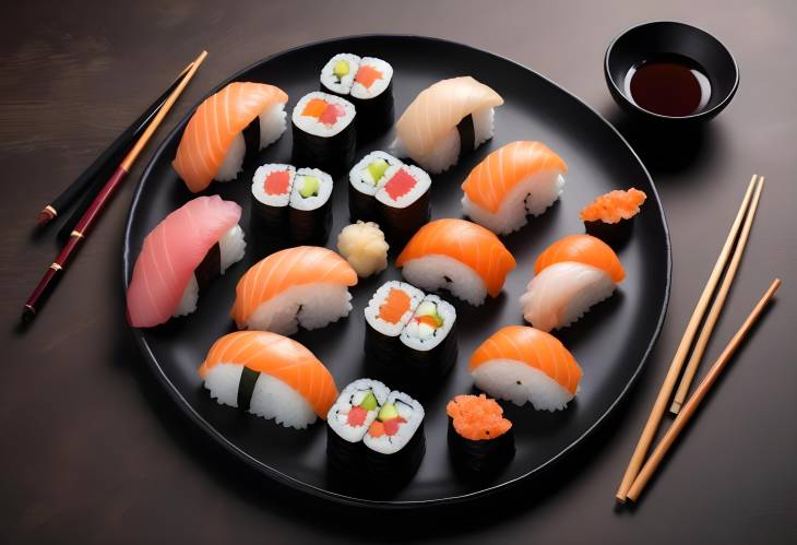 Fresh Sushi Set with Nigiri and Rolls on Traditional Black Sushioke Plate